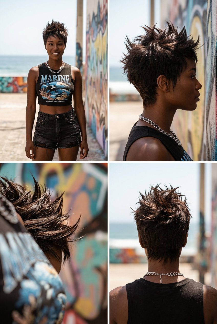 short spiky pixie haircut with deep espresso brunette color, textured spikes, high shine for concert