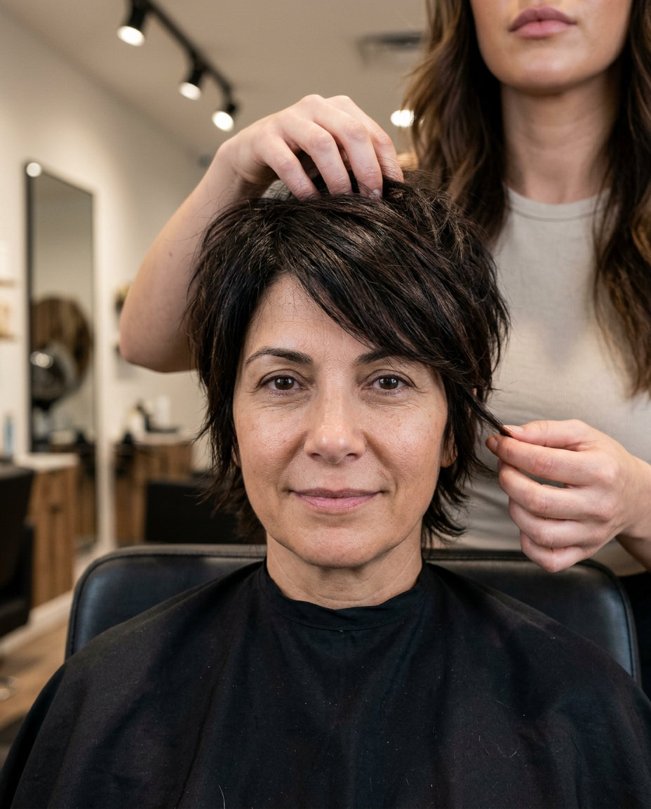 short espresso brunette pixie-wolf with mocha undertones, razored layers, tapered sides — edgy and confident for daily wear