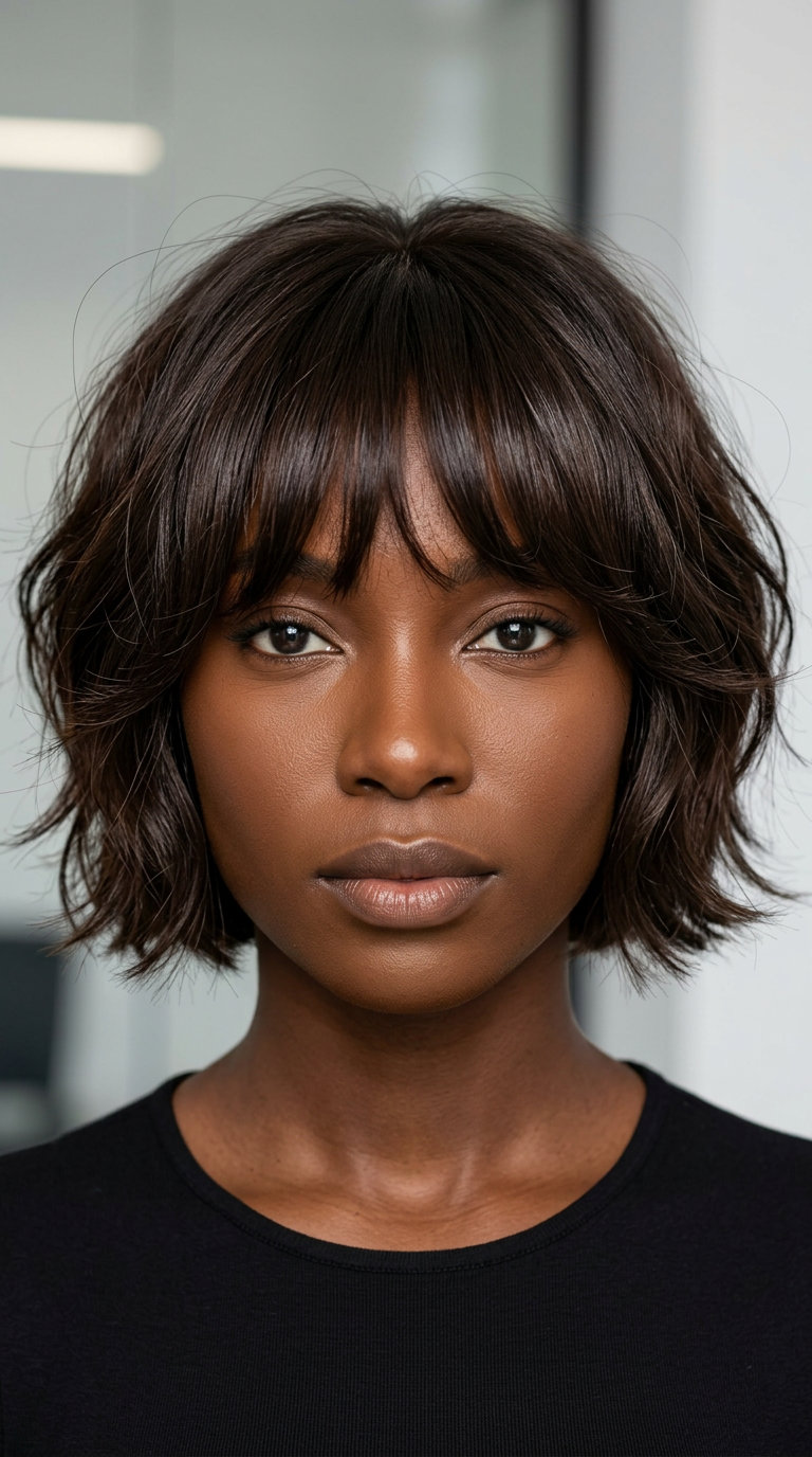 short wavy shag haircut in espresso brunette with mocha undertones and full fringe
