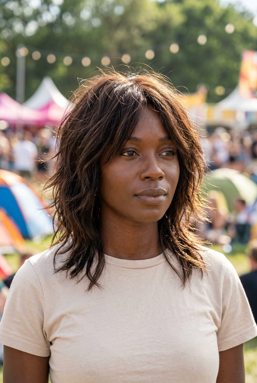 short shag with espresso brunette color, textured layers, for music festivals