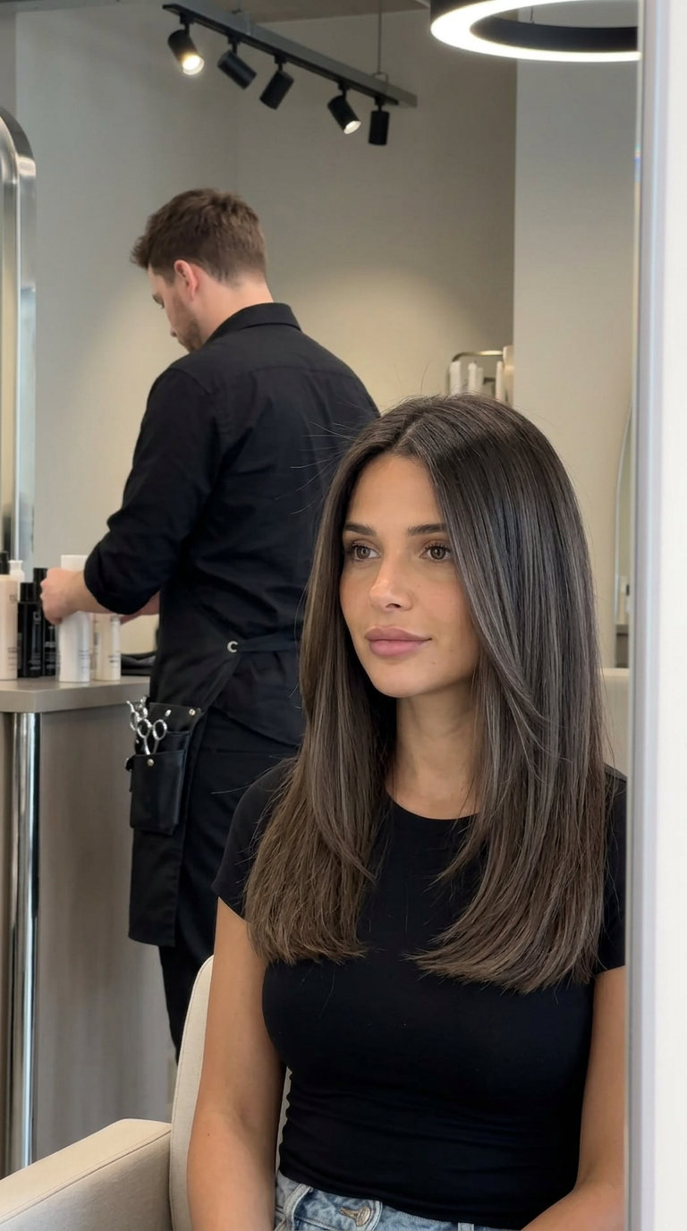 shoulder-length cool espresso brunette haircut with ash babylights, blunt perimeter, scissor-cut layers — polished chic look
