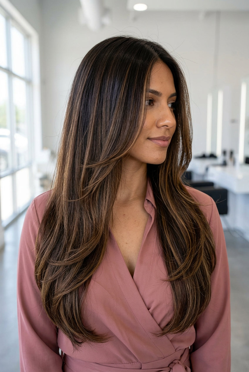 long flowing layers with deep espresso and caramel balayage for summer 2026
