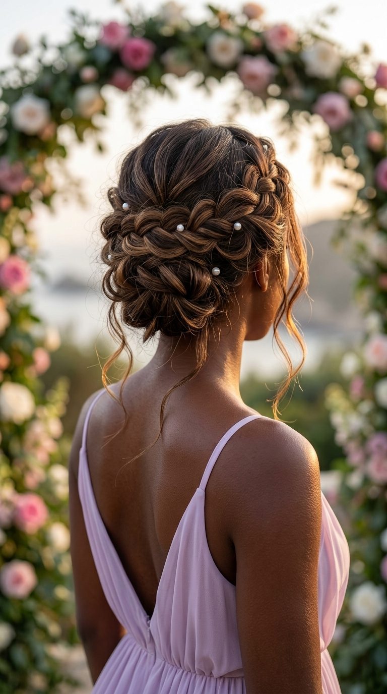 long shag hairstyle with espresso & caramel balayage, braided crown, romantic summer wedding
