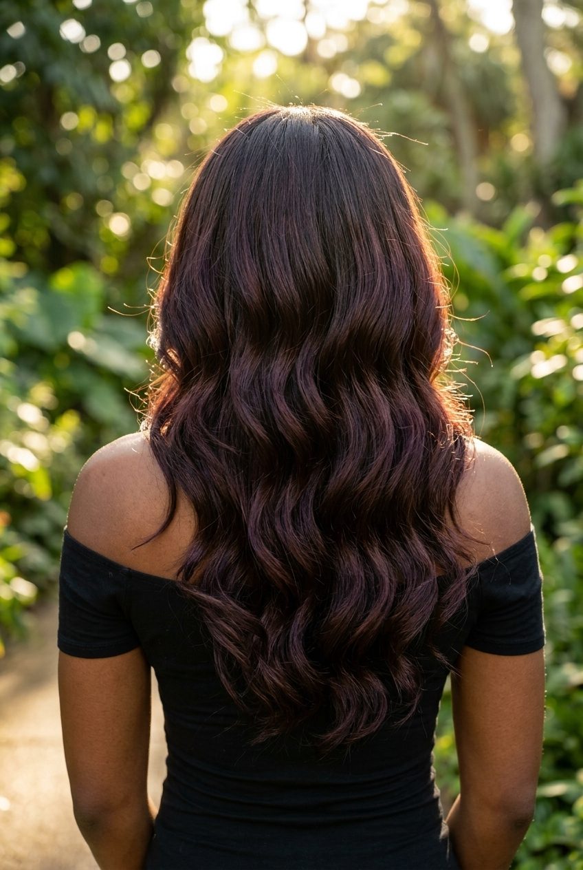 long flowing espresso cherry brunette waves with black cherry violet-red undertones, soft root smudge, romantic mood
