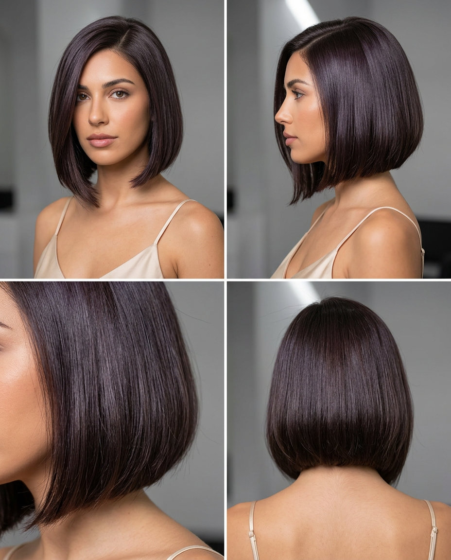 chin-length asymmetrical bob haircut in espresso roast with cool violet undertones, blunt cut, deep side part — minimalist sophisticated