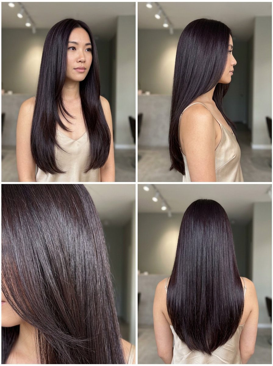 extra-long espresso cocoa with violet undertones, one-length perimeter & ghost layers for glam