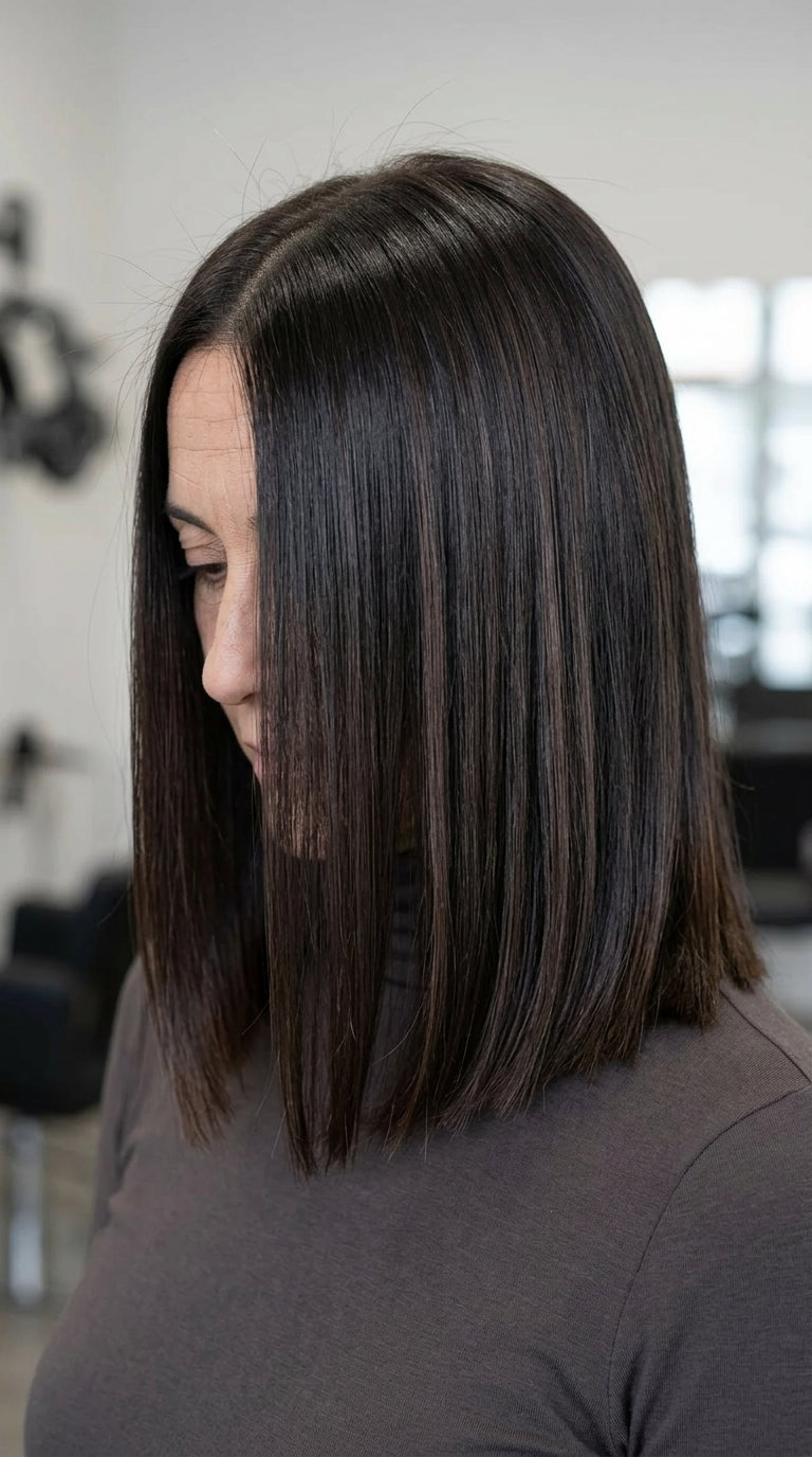 collarbone-length blunt lob haircut in deep espresso brunette with high-gloss finish, one-length cut for professional events