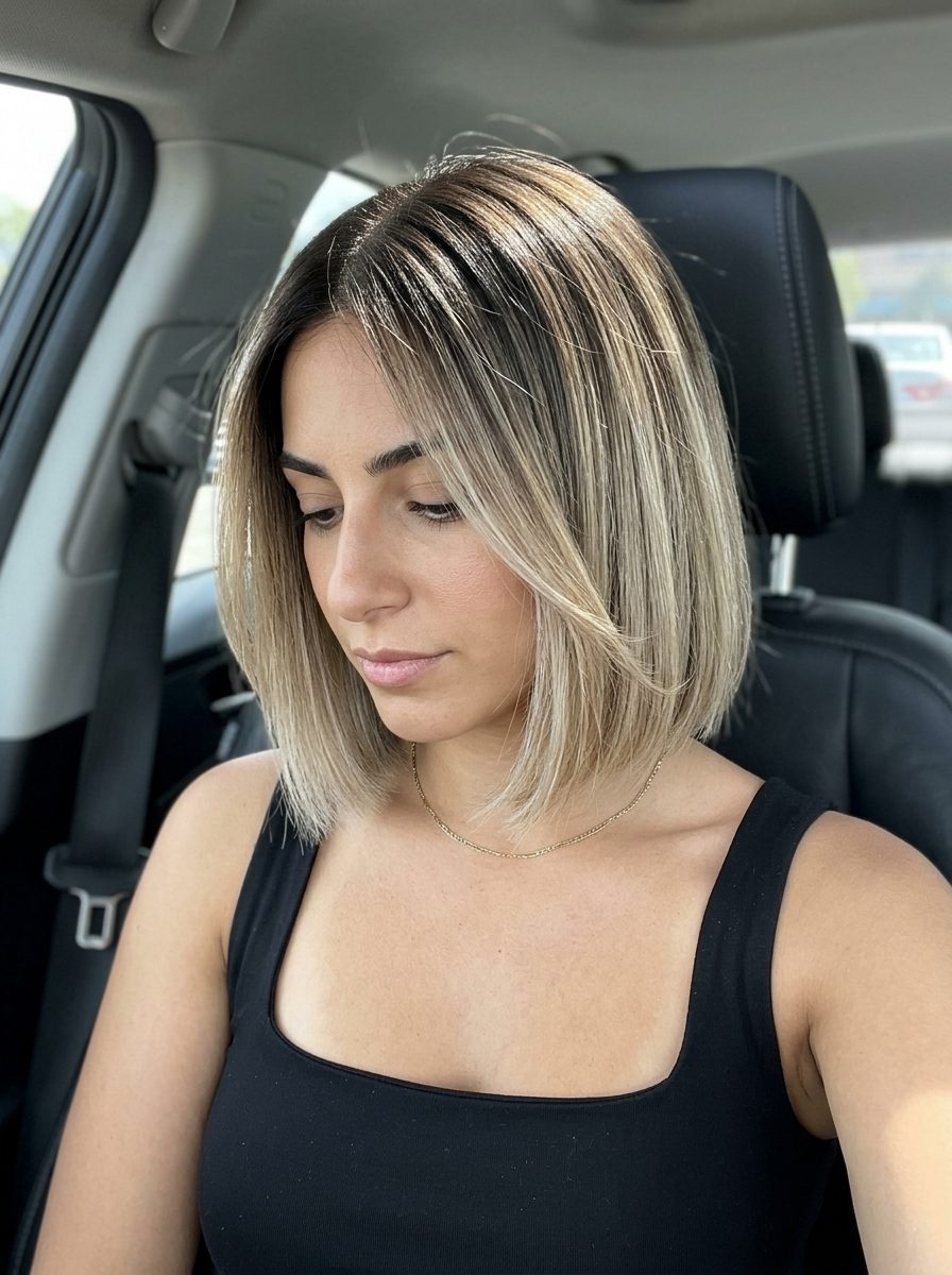 short blunt bob haircut with espresso roast to linen blonde ombré, clean perimeter, no layers — bold and chic