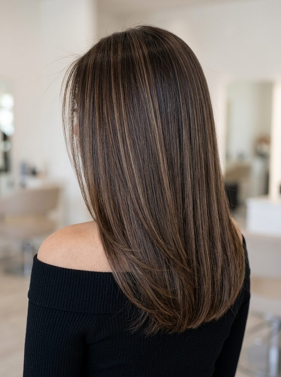 Espresso Roast Brunette Balayage 2026 long espresso roast air touch balayage with cool walnut, subtle highlights — sophisticated professional style