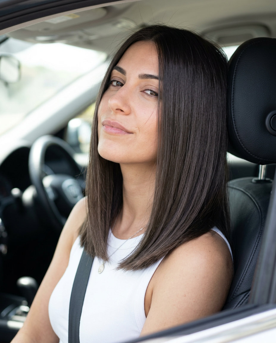 Espresso Brown Hair Color 2026 long espresso brown with subtle ash undertones, blunt cut — classic professional look