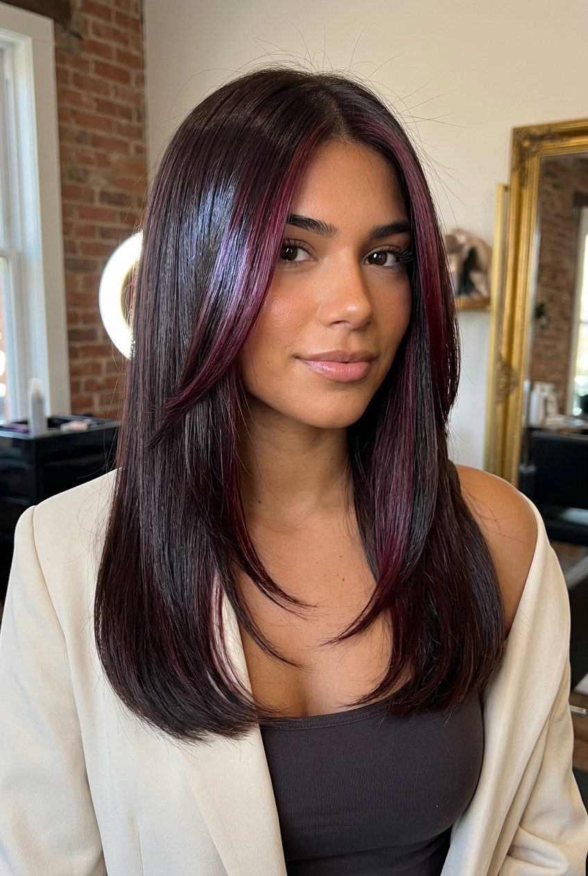 Midnight Cherry Hair Color 2026 long espresso brunette with red-violet face-framing highlights, subtle layers, no fringe — sultry evening event