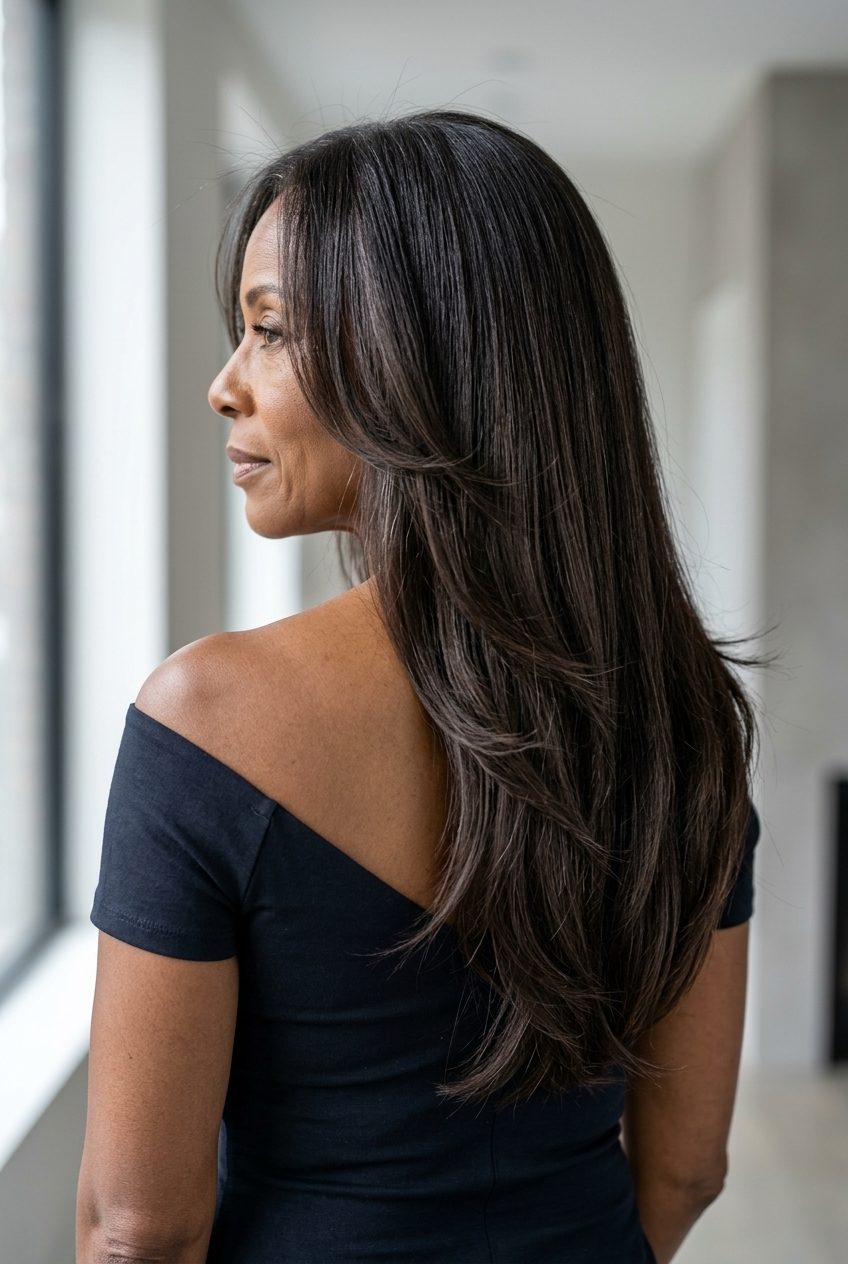 long layered espresso brunette haircut with cool mocha undertones and high gloss for formal events