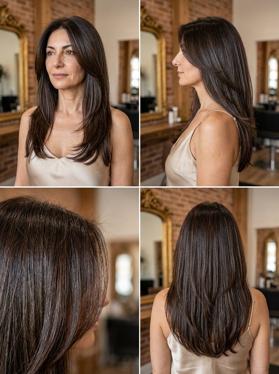 long layered espresso brunette haircut with cool mocha undertones and high gloss for elegant events