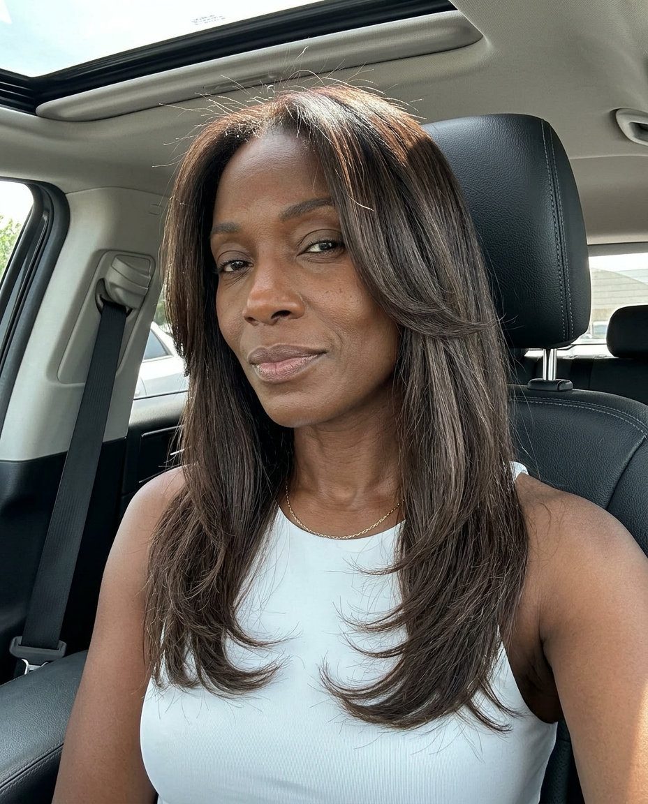 long layered haircut in espresso brunette with cool mocha ribbons, face-framing layers and U-shaped back for luxurious elegance