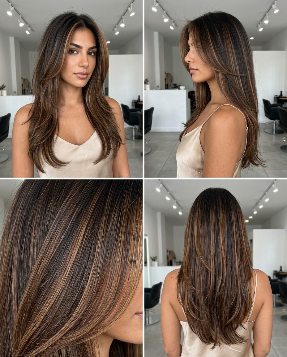 long layered haircut with deep espresso and caramel babylights for sophistication