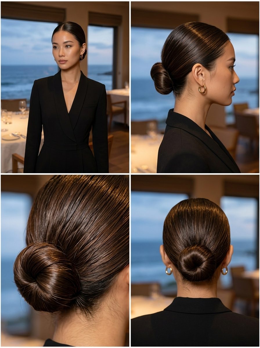 long espresso martini brunette sleek low bun with high-shine finish for summer quick hairstyles 2026