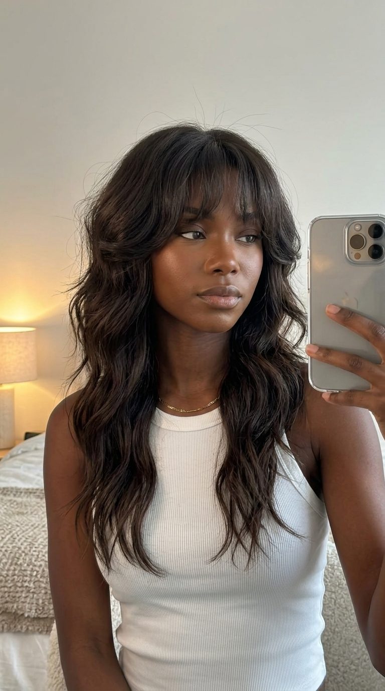 long wavy shag haircut in deep espresso brunette with textured layers and brow-grazing fringe for edgy look