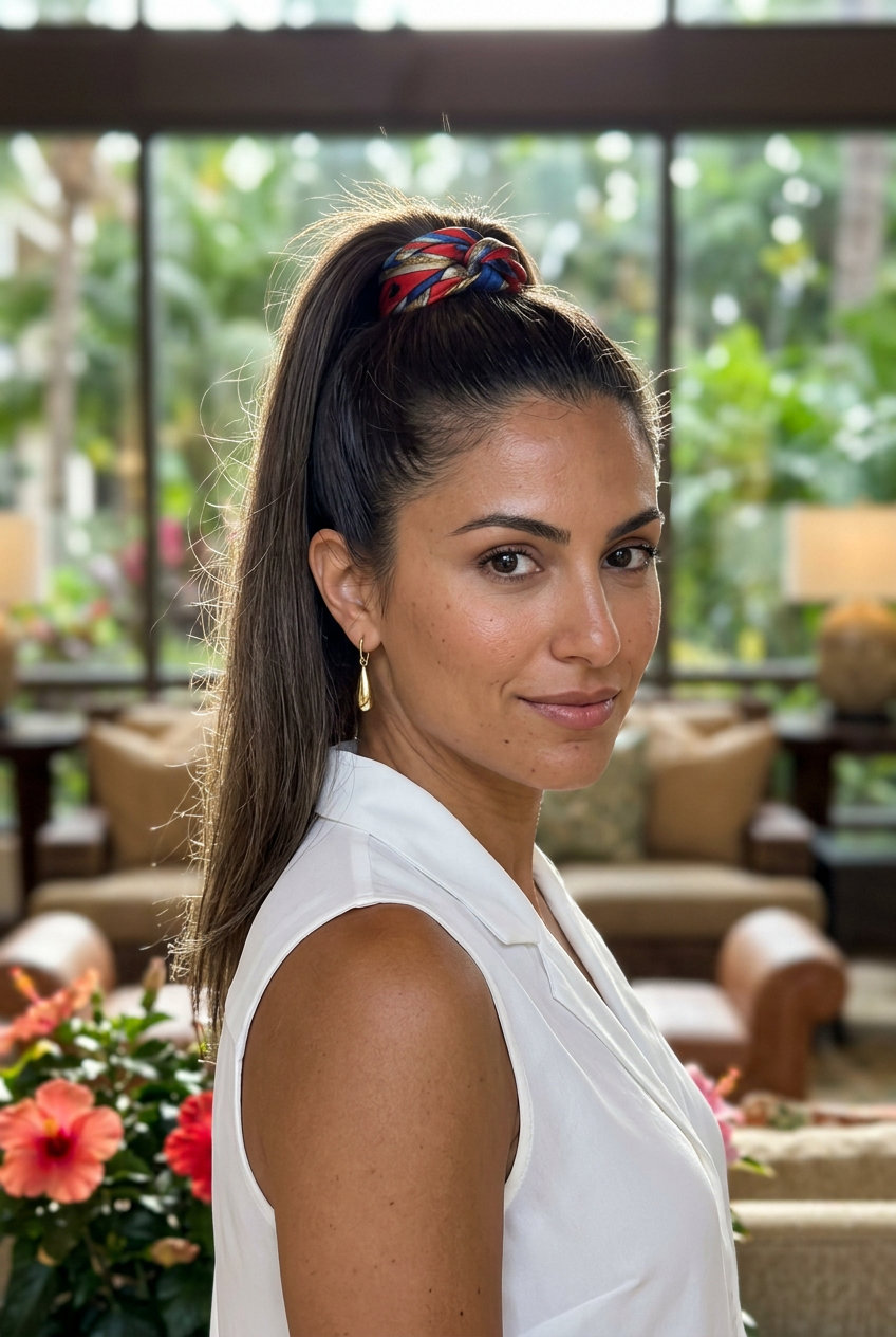 long espresso martini brunette high ponytail with scarf wrap for summer quick hairstyles 2026