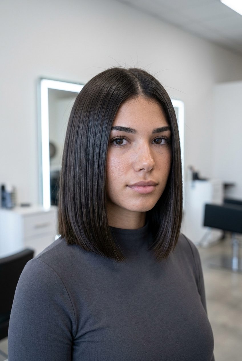 Sleek Midnight Espresso Bob 2026: Professional Grow-Out medium blunt bob with midnight espresso color, one-length cut, no fringe — professional & sleek