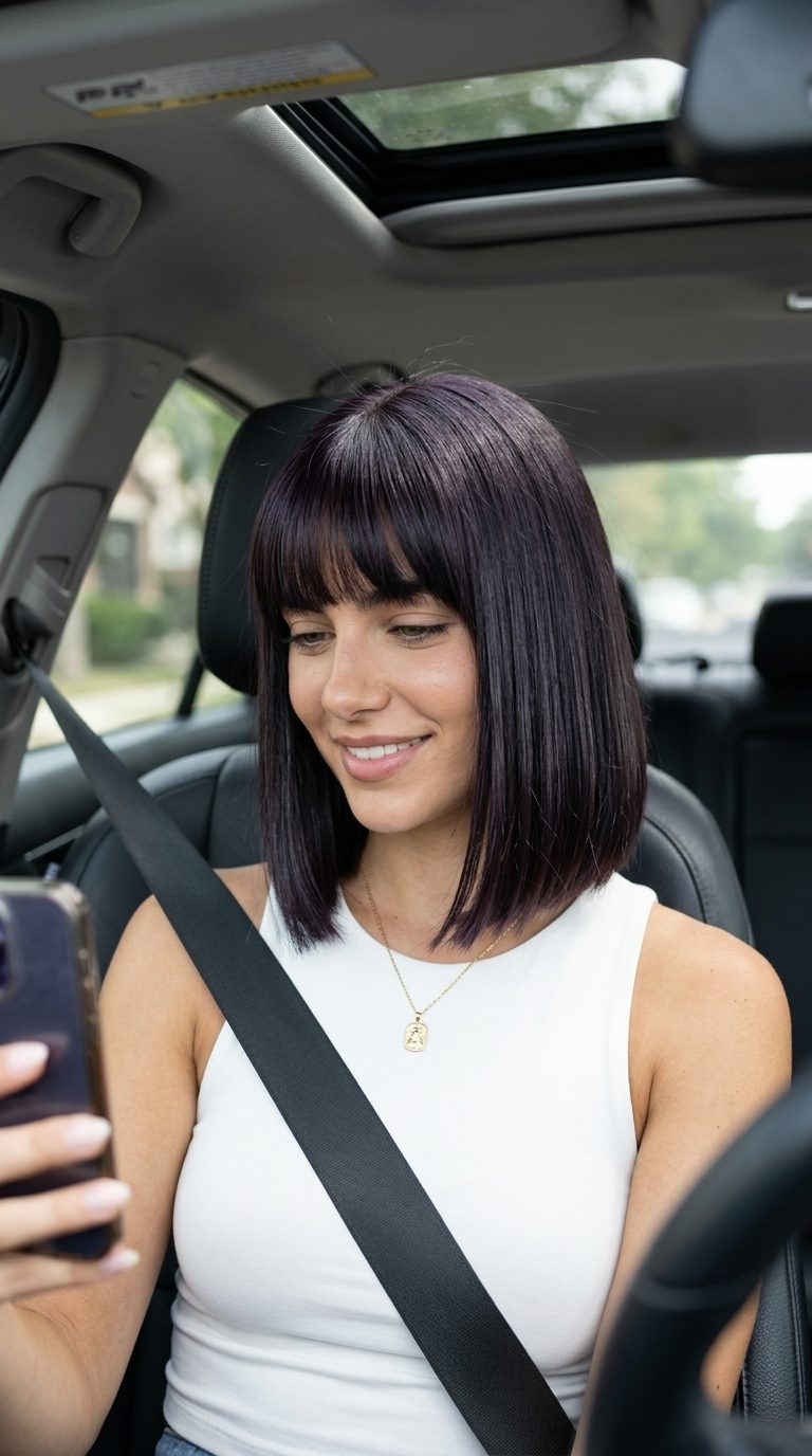 Sleek Midnight Espresso Bob with Bangs 2026 medium blunt bob with midnight espresso color, blunt full fringe, no layers — bold & sophisticated