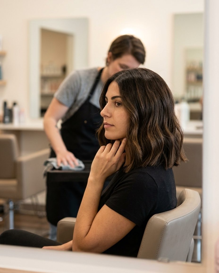 Rich Espresso A-Line Lob 2026: Chic & Modern medium A-line lob haircut in rich espresso with caramel undertones, blunt perimeter, subtle layers — feminine chic