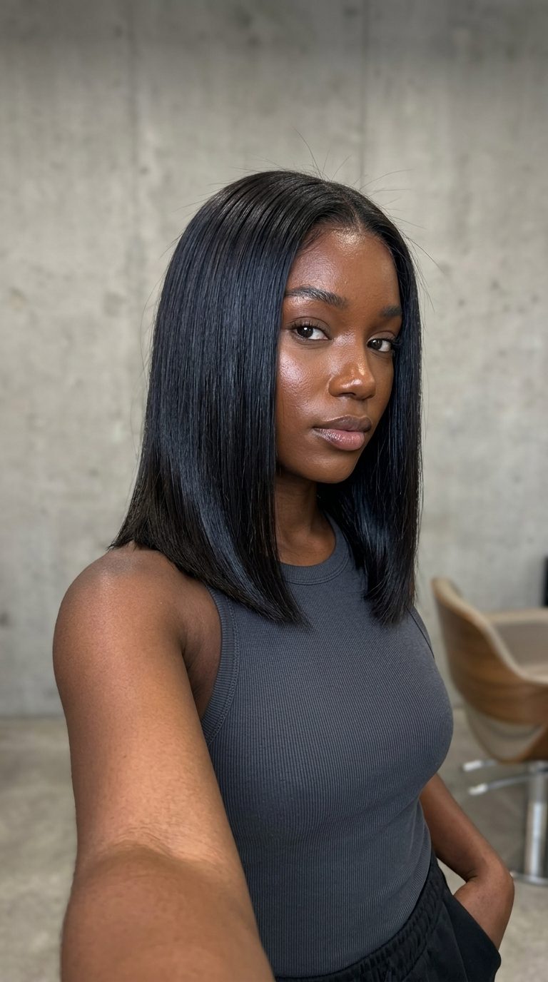Sharp Espresso Box Lob 2026: Minimalist & Sleek medium box lob haircut in deep espresso with blue-black undertones, blunt perimeter, sharp center part — minimalist sharp