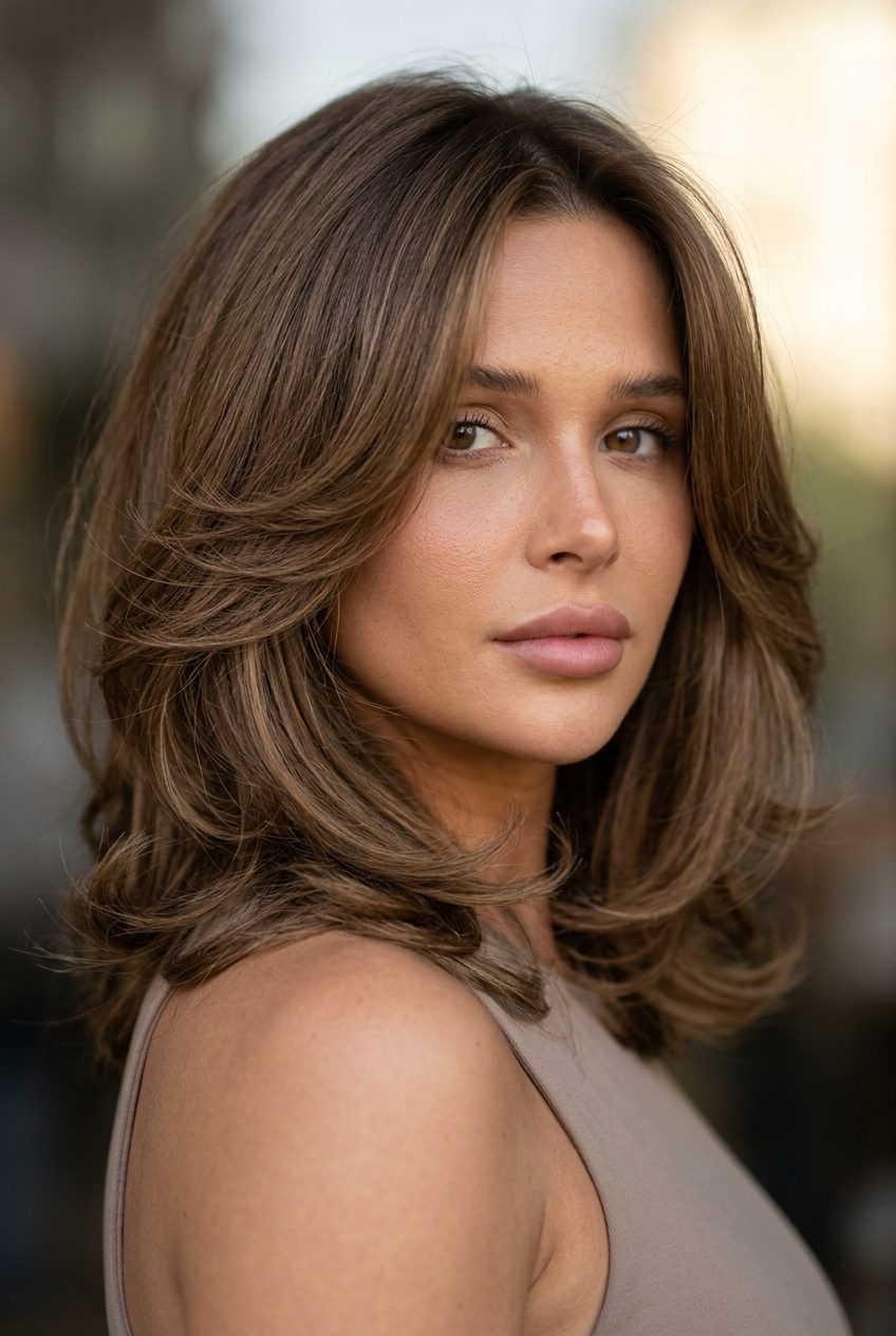 Sculpted Espresso Lob 2026: Glamorous & Bold medium lob haircut in deep espresso with caramel lowlights, internal layers, blunt perimeter — glamorous sophisticated