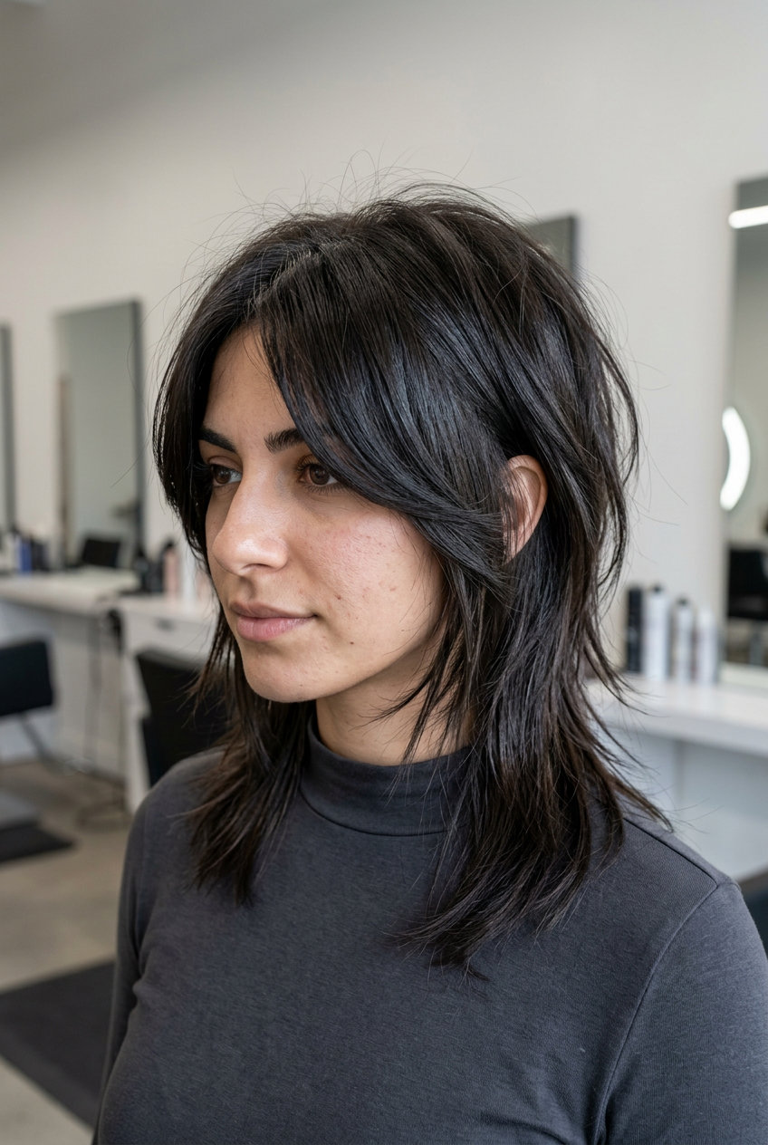 medium espresso wolf cut with razored layers and chin-length fringe for night out