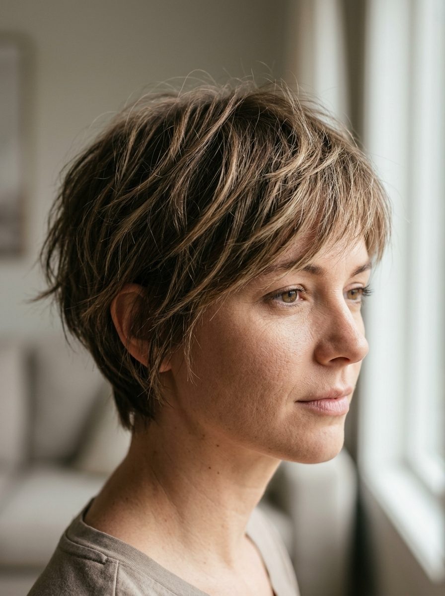 short shag haircut in espresso roast, piecey texture, edgy daily wear