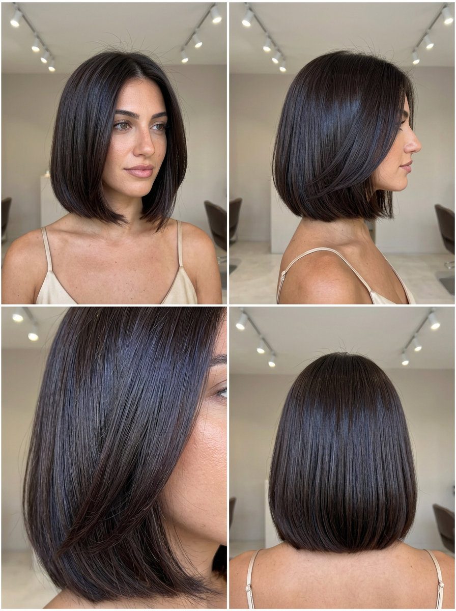 short chin-length bob haircut with deep espresso brunette, blunt perimeter, subtle internal layers, no bangs — timeless professional style