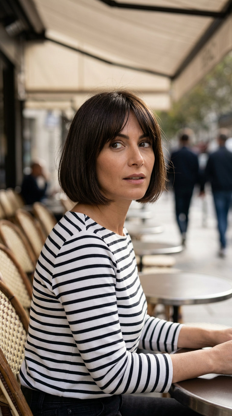 short jawline bob haircut with espresso roast brunette, wispy fringe, blunt perimeter, internal texturizing — retro elegant chic
