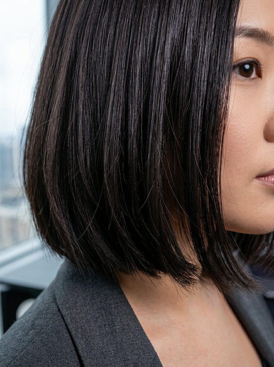 short espresso bob with cool violet undertones, blunt perimeter for summer