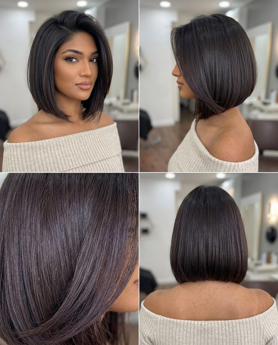 short espresso bob with cool violet undertones, razor-sharp A-line for summer