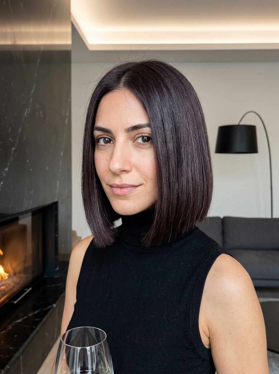 short espresso blunt bob with cool violet undertones, razor-sharp perimeter for summer