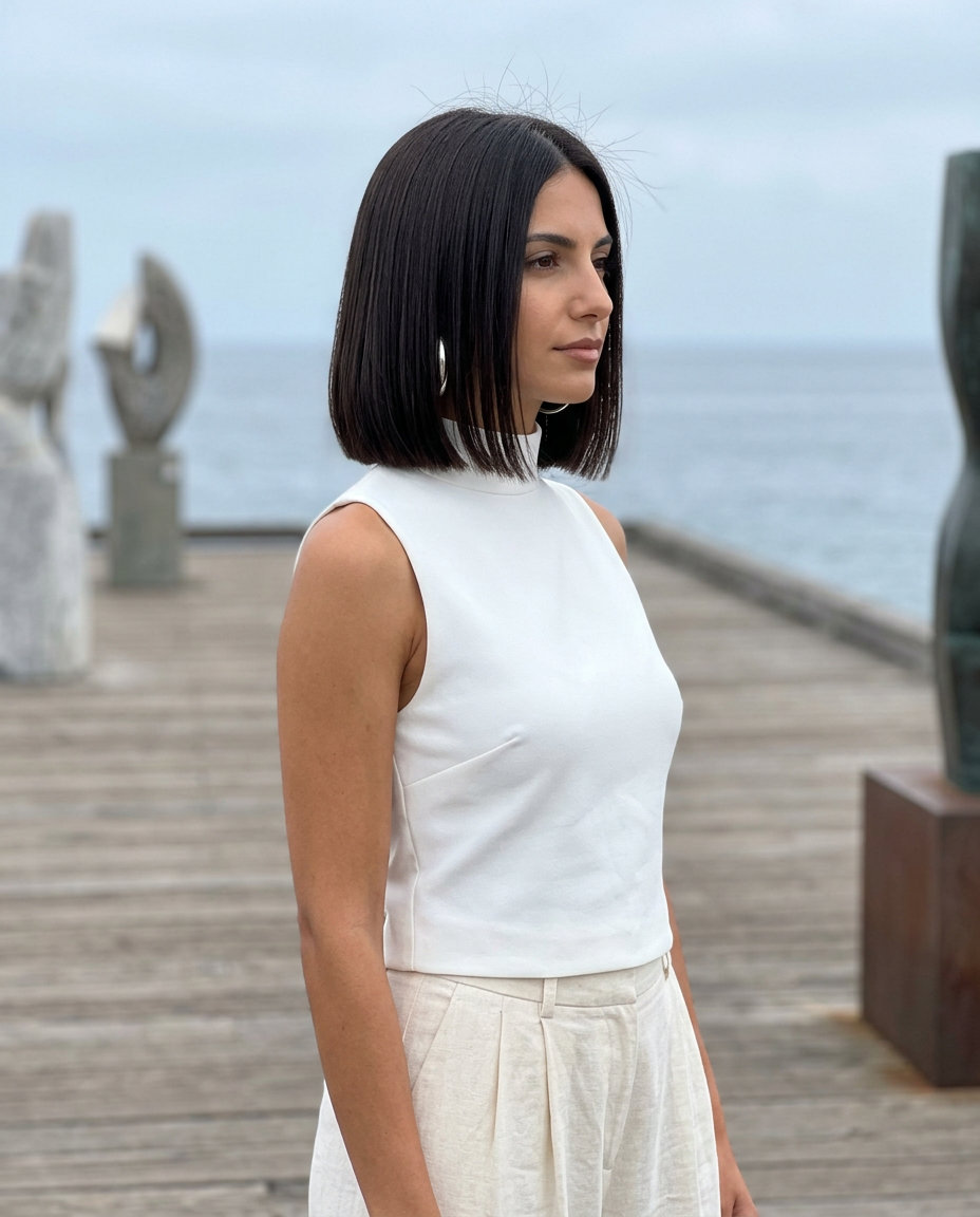 short espresso bob with cool black, sleek finish, jawline length — sharp, sophisticated