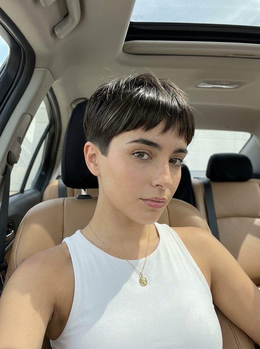 short french crop haircut in espresso brunette with feathered fringe for summer 2026