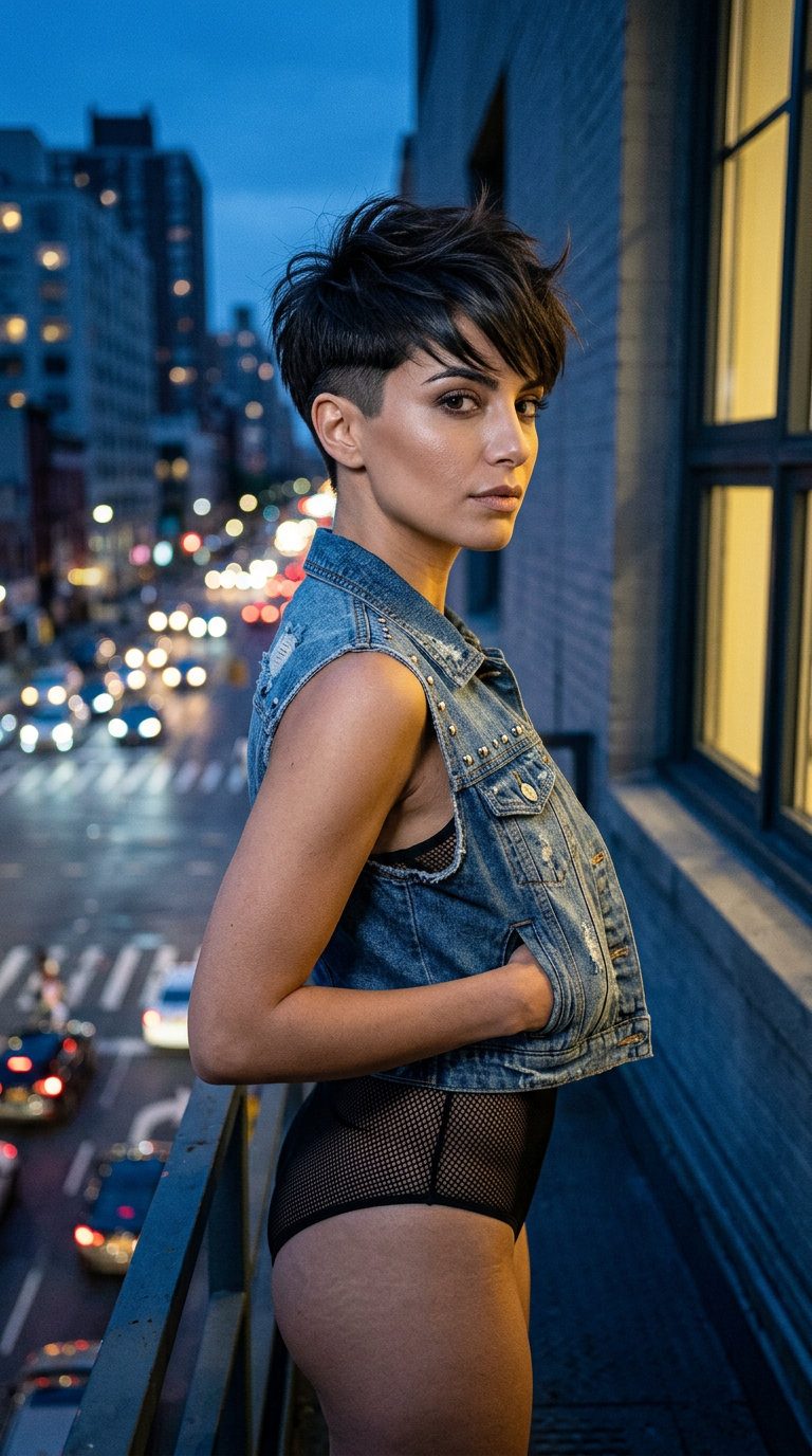 short espresso pixie with cool undertones, sharp undercut for summer