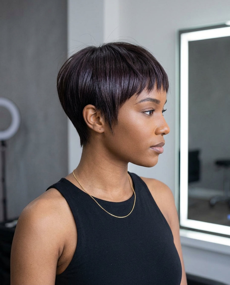 short espresso pixie with violet undertones and micro-fringe for edgy looks