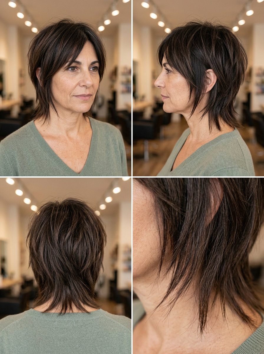 short choppy espresso pixie-wolf haircut with cool mocha and dark roots for casual outings