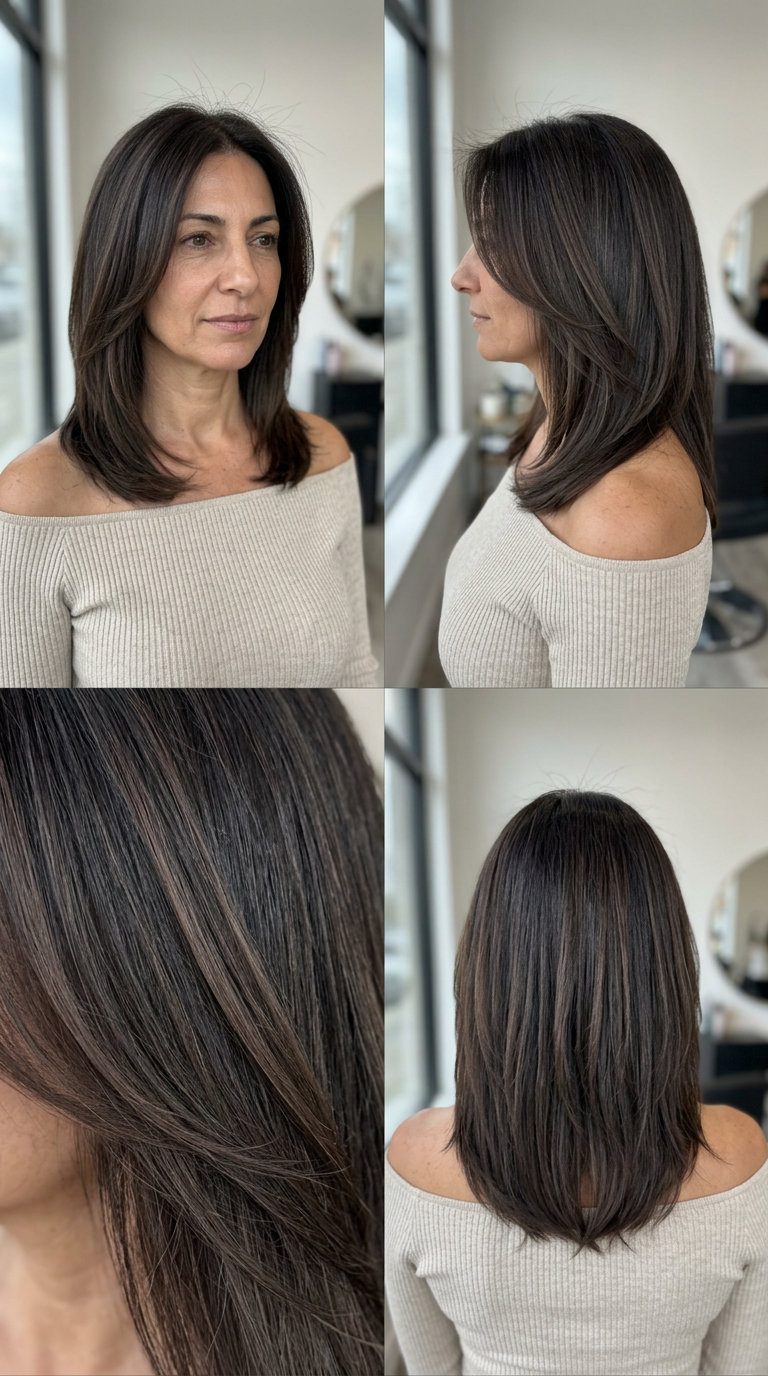 shoulder-length layered haircut in espresso brunette with cool mocha ribbons, face-framing layers for sophisticated everyday chic