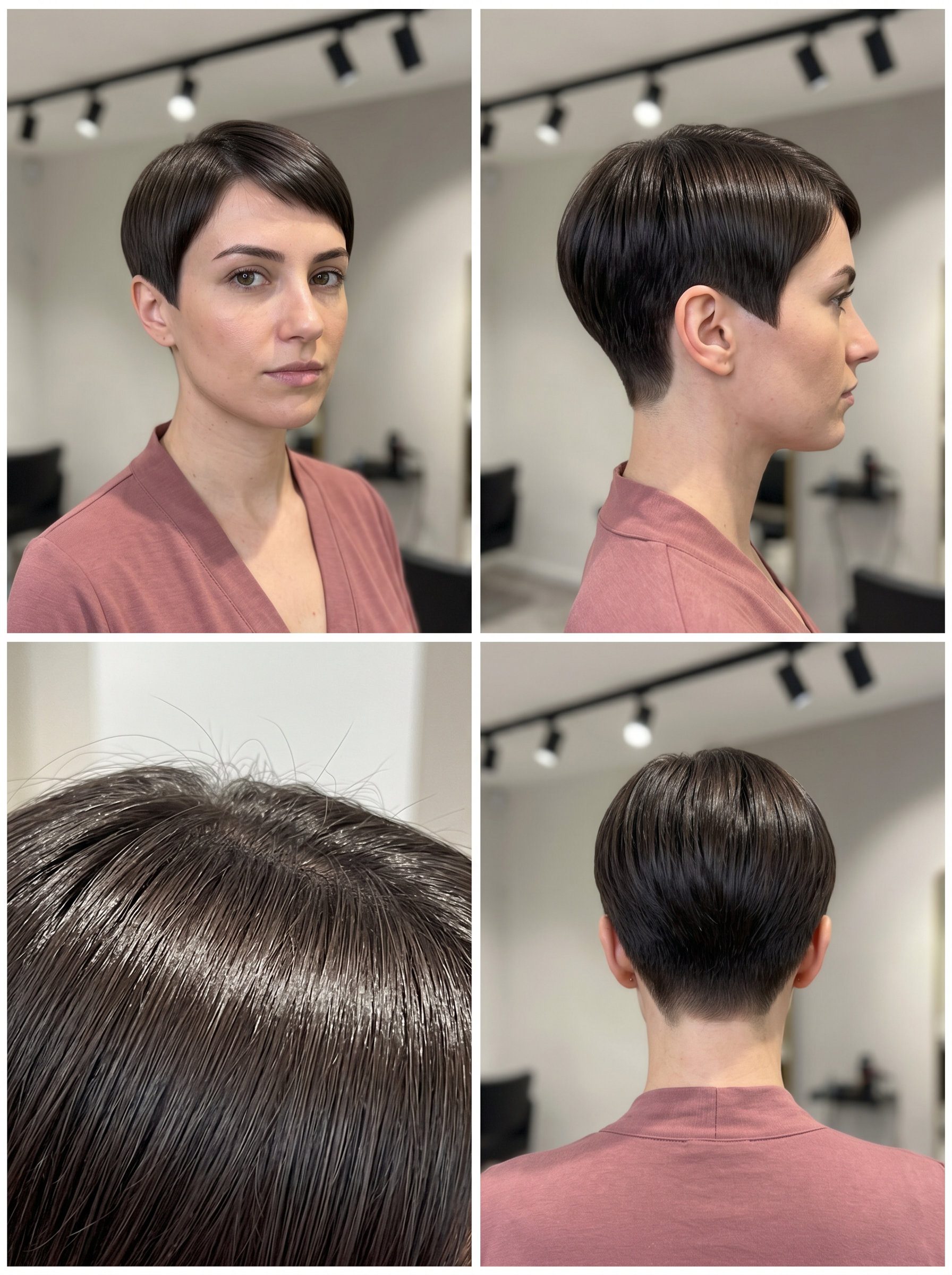 very short pixie haircut with deep espresso, blunt cut, sharp edges for professional events