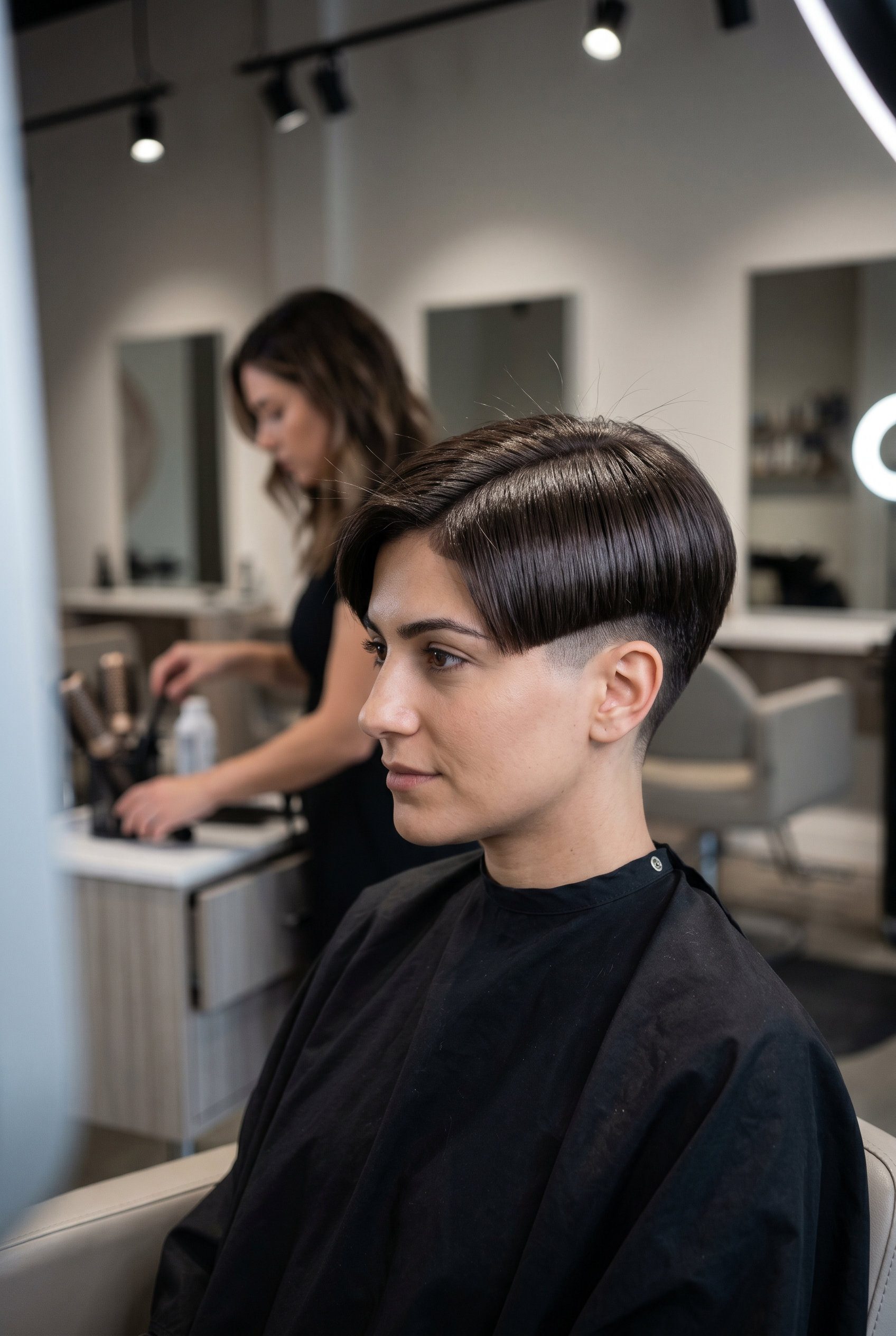 very short pixie haircut in espresso with undercut, sculpted layers — sophisticated professional