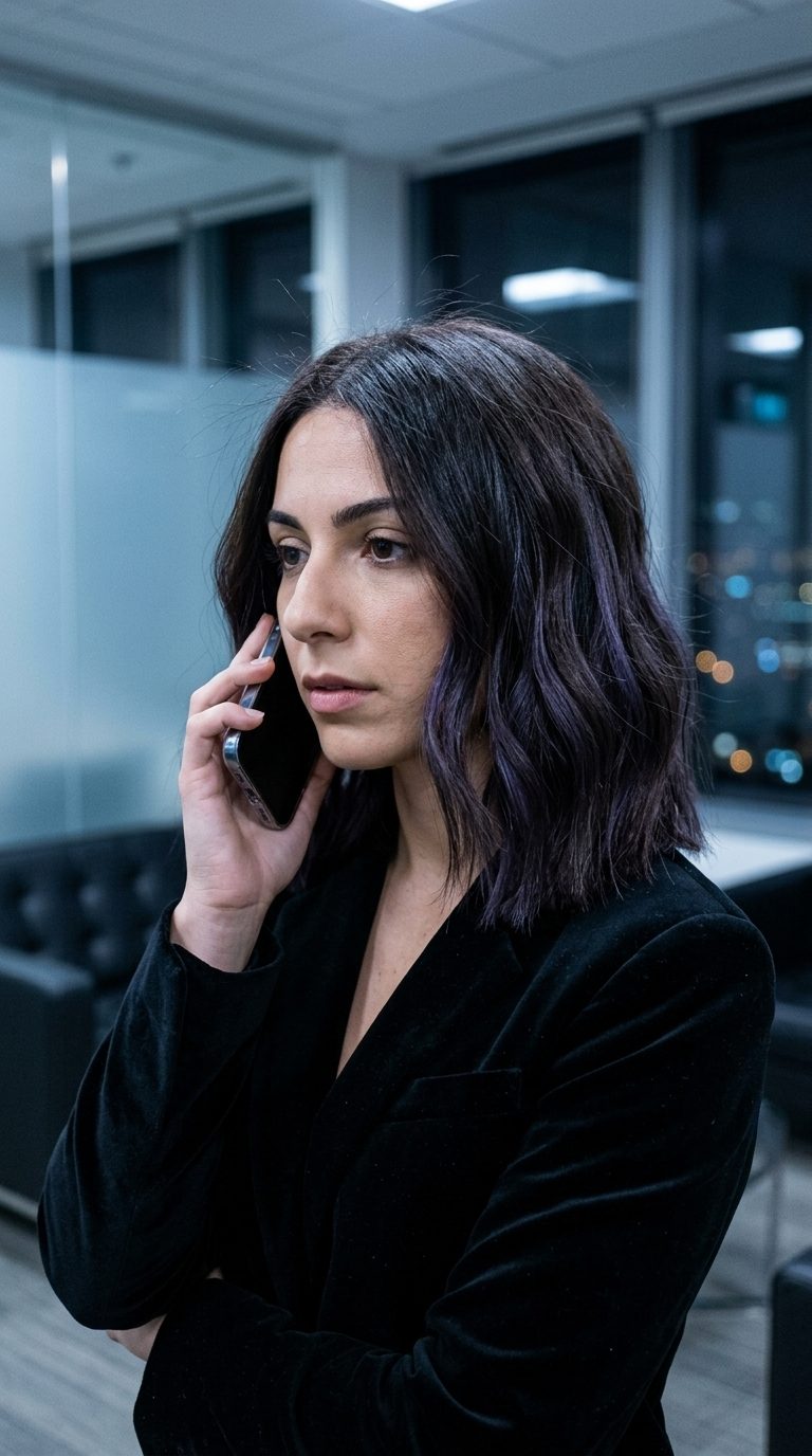 Violet Lowlight Espresso Blunt Midi 2026 medium wavy blunt haircut with espresso, violet lowlights, no bangs — bold sophisticated edgy event