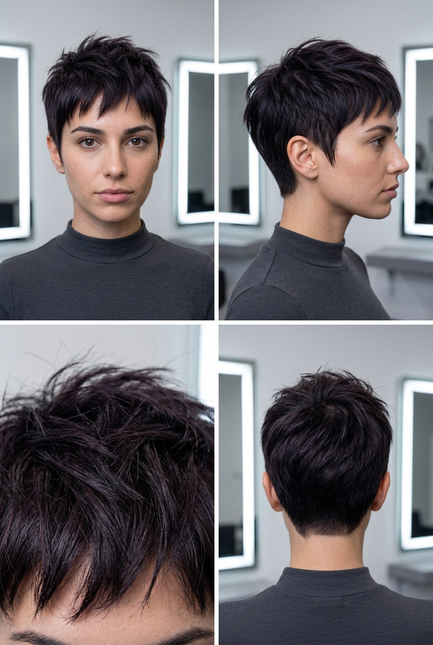 very short pixie espresso with midnight violet reflects, razored texture & choppy fringe for edgy style