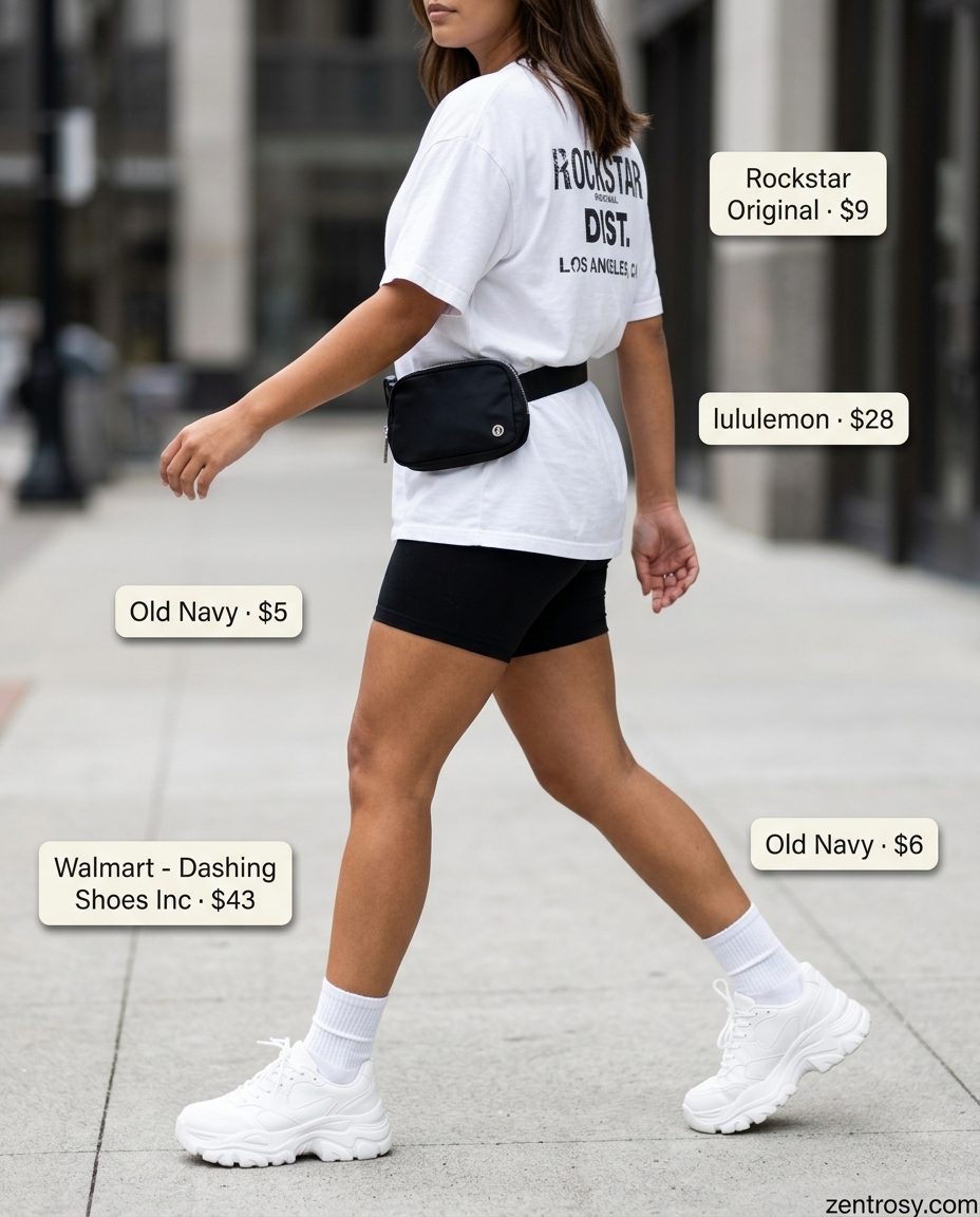 Essential summer must have outfits for women 2026: Black biker shorts, oversized graphic tee, and chunky sneakers for a sporty look.