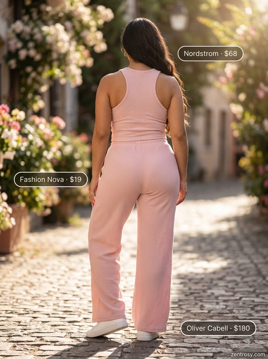 Essential summer must have outfits for women 2026: Blush pink knit matching set with white sneakers for a chic summer luncheon.