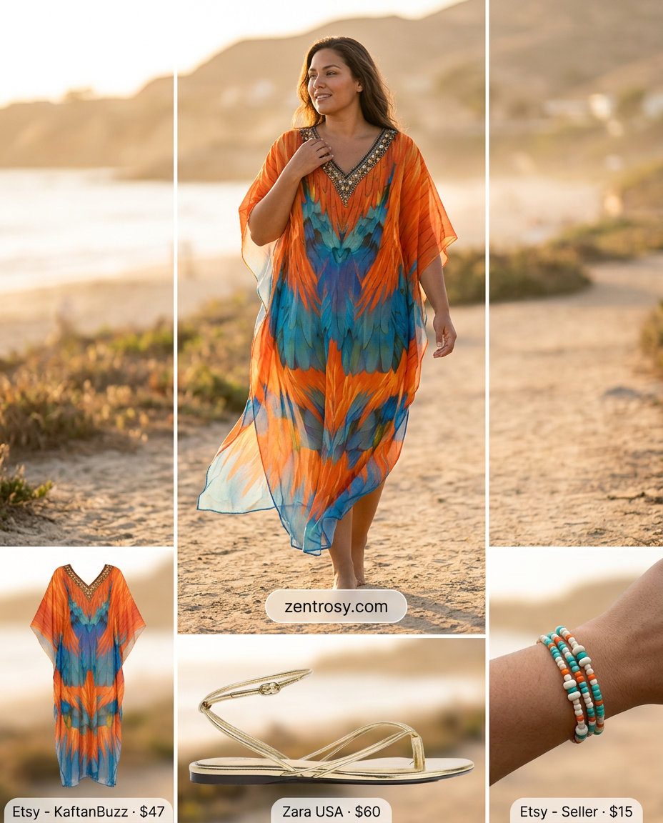 Bohemian maxi kaftan with sandals and beaded bracelets: essential summer must have outfits for women 2026.