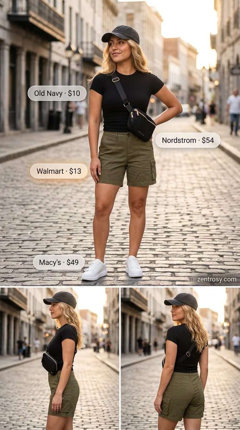 Essential summer must have outfits for women 2026: Olive green cargo shorts with black tee and chunky sneakers for urban exploration.