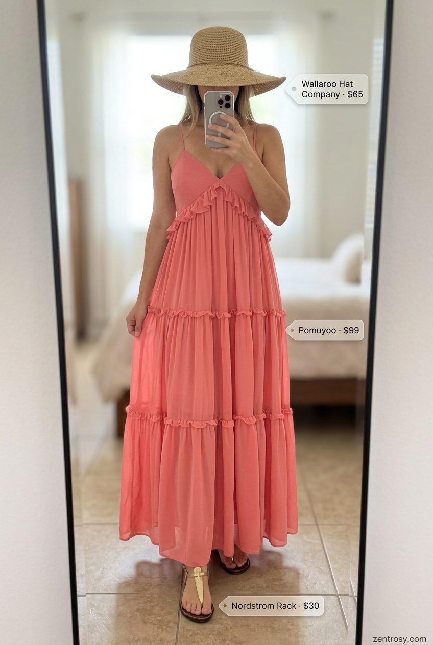 Essential summer must have outfits for women 2026: Coral maxi dress with straw hat and gold sandals for a sunset beach dinner.