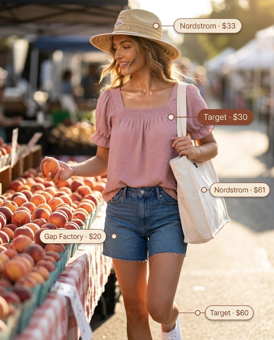 Essential summer must have outfits for women 2026: Denim shorts with coral puff-sleeve blouse for a weekend market look.